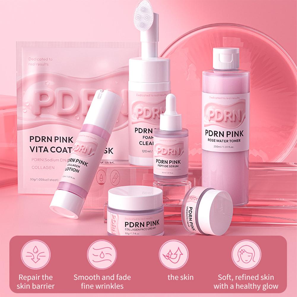Skincare Glowing - ピンク色のPDRNサーモンDNAコラーゲン配合スキンケアセット。ペプチドセラム、アイクリーム、フェイスクリーム、マスク、引き締め、リフトアップ、保湿、肌の輝きを促すスキンケア。