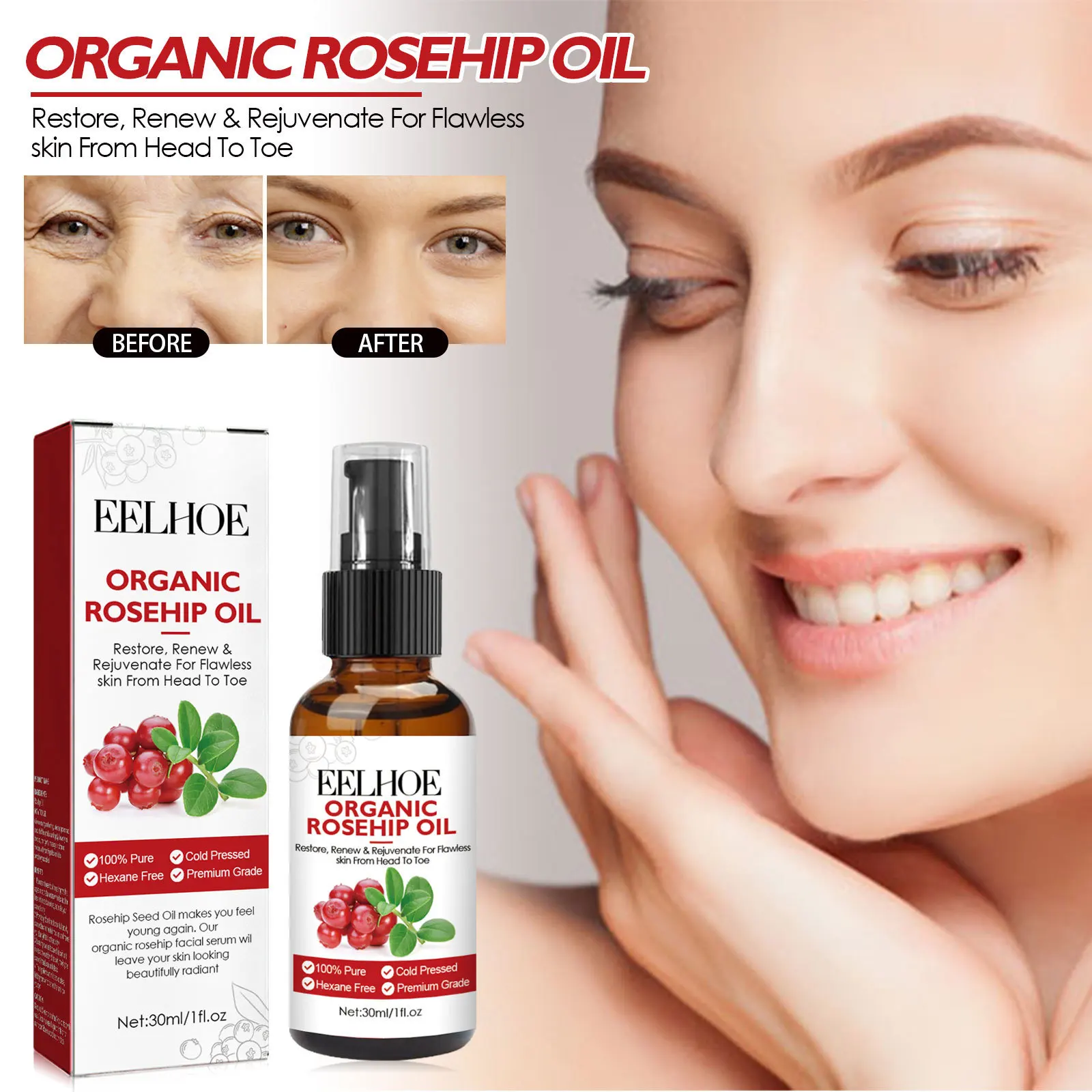 30 ミリリットルローズヒップオイル顔血清保湿とフェードしわ - Face Oil Rosehip のレビューと価格